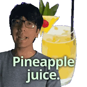 A Man With Glasses Is Next To A Pineapple Juice Sticker