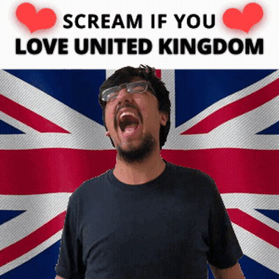 A Man With Glasses Is Screaming In Front Of A British Flag With The Words " Scream If You Love United Kingdom " GIF