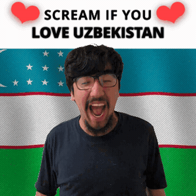 A Man With Glasses Is Screaming In Front Of An Uzbekistan Flag GIF