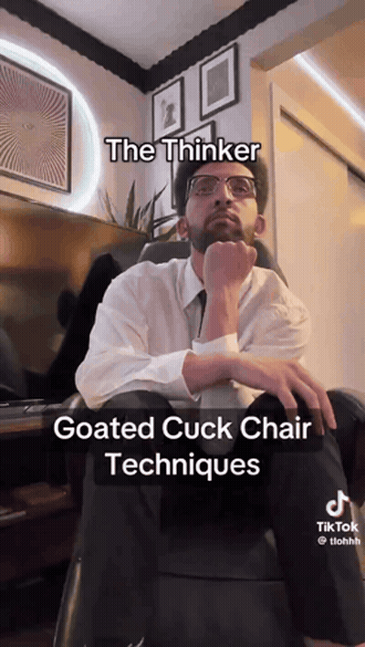 A Man With Glasses Is Sitting In A Chair With A Caption That Says The Thinker Goated Cuck Chair Techniques GIF