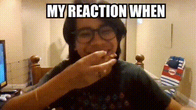 A Man With Glasses Is Sitting On A Bed With A Skateboard In The Background And A Meme That Says `` My Reaction When '' GIF