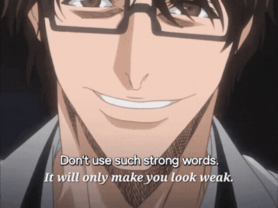 A Man With Glasses Is Smiling And Says " Don 'T Use Such Strong Words " GIF