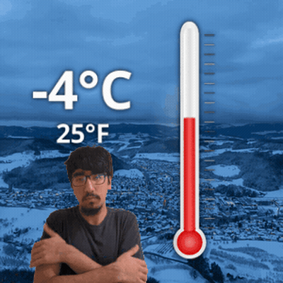 A Man With Glasses Is Standing In Front Of A Thermometer That Reads -4 Degrees Celsius GIF