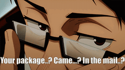 A Man With Glasses Is Talking On A Cell Phone With The Words " Your Package Came In The Mail " Below Him GIF