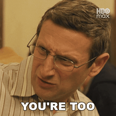 A Man With Glasses Says " You 'Re Too " While Wearing A Striped Shirt GIF