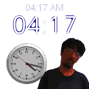 A Man With Glasses Stands In Front Of A Clock That Says  04:17 Am Sticker