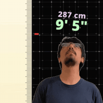 A Man With Glasses Stands In Front Of A Ruler That Says 287 Cm 9 ' 5 ' GIF