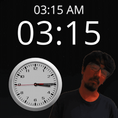A Man With Glasses Stands Next To A Clock That Says 03:15 Am GIF