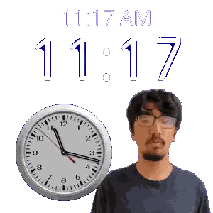 A Man With Glasses Stands Next To A Clock That Says 11:17 Am Sticker