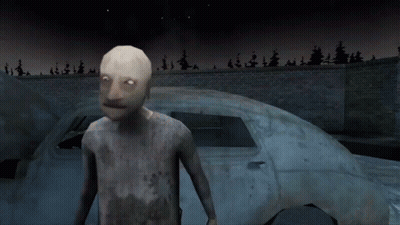 A Man With Glowing Eyes Stands In Front Of A Brick Wall And A Car GIF