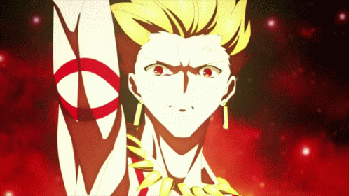 A Man With Gold Hair And Red Eyes Is Holding Up A Red Circle GIF