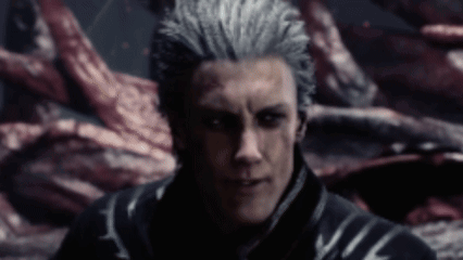 A Man With Gray Hair And Black Eyes Is Standing In A Dark Room Looking At The Camera . GIF