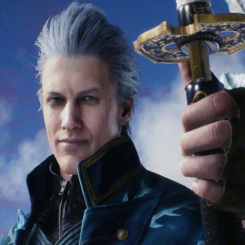 A Man With Gray Hair Is Holding A Sword In His Right Hand GIF