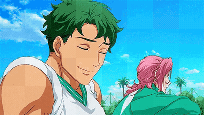 A Man With Green Hair And A Pink Haired Girl Are Standing Next To Each Other In A Field . GIF