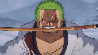 A Man With Green Hair And A Sword In His Mouth GIF