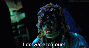 A Man With Green Hair And Red Lips Says " I Do Watercolours " GIF