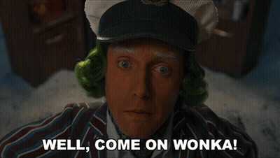 A Man With Green Hair And White Eyebrows Says " Well Come On Wonka " GIF