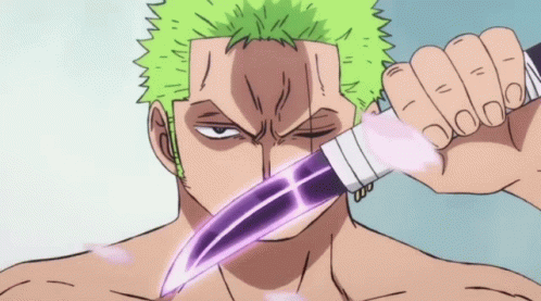 A Man With Green Hair Is Holding A Purple Sword In His Hand GIF