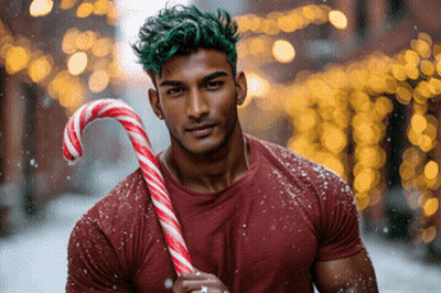 A Man With Green Hair Is Holding A Red And White Striped Candy Cane GIF