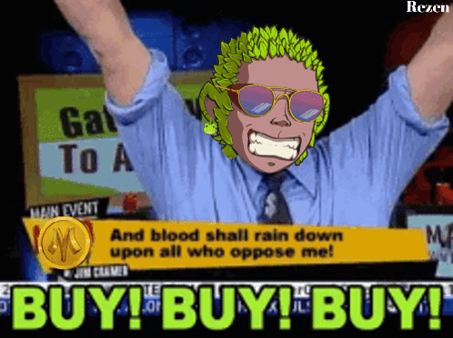 A Man With Green Hair Is Holding His Arms In The Air With The Words Buy Buy Buy GIF