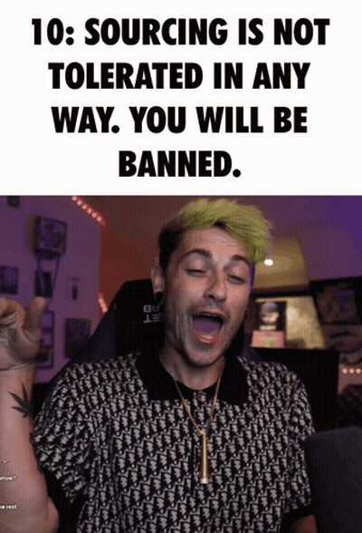 A Man With Green Hair Is Making A Funny Face In Front Of A Sign That Says 10 Sourcing Is Not Tolerated In Any Way GIF