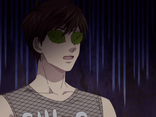 A Man With Green Leaves On His Eyes Is Wearing A Shirt That Says ' Chill ' On It GIF