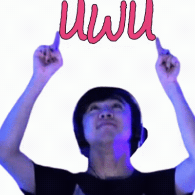 A Man With Headphones Holds Up A Sign That Says " Uwu " GIF