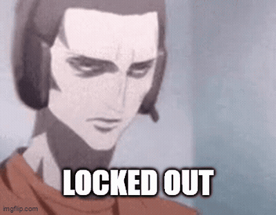 a man with headphones on his head is looking at the camera with the words locked out above him .