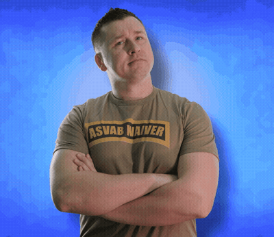 A Man With His Arms Crossed Is Wearing A T-Shirt That Says Asvab Waiver GIF