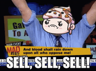 A Man With His Arms In The Air Is Holding A Sign That Says Sell GIF