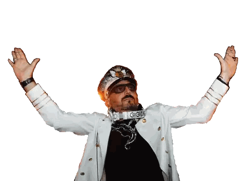 A Man With His Arms In The Air Wearing A Giorgio Necklace Sticker