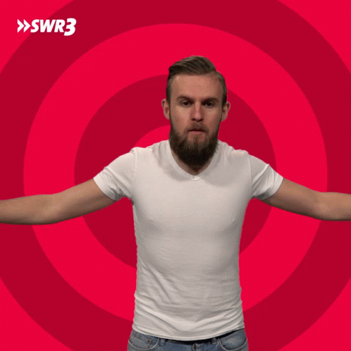 A Man With His Arms Outstretched Against A Red Background With Swr3 Written On It GIF