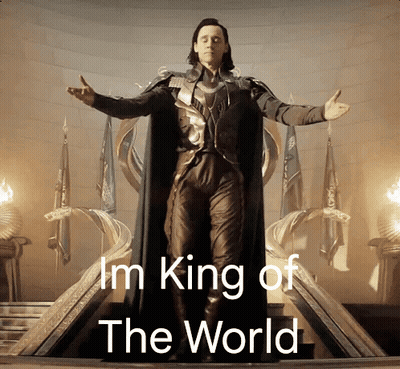 A Man With His Arms Outstretched And The Words I 'M King Of The World GIF