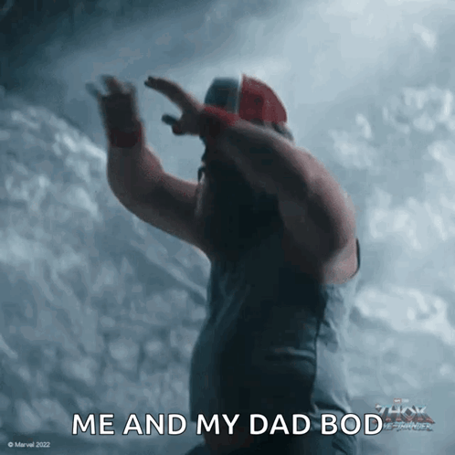 A Man With His Arms Outstretched And The Words Me And My Dad Bod Below Him GIF