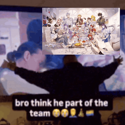 A Man With His Arms Outstretched In Front Of A Painting That Says Bro Think He Part Of The Team On It GIF