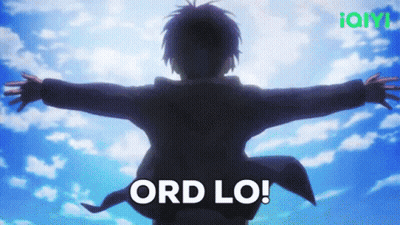 A Man With His Arms Outstretched Is Standing In Front Of A Blue Sky With The Words Ord Lo . GIF