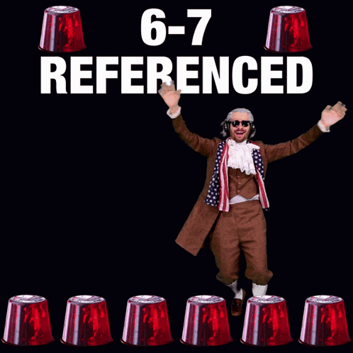 A Man With His Arms Outstretched Is Surrounded By Red Cones That Say ' 6-7 Referenced ' GIF