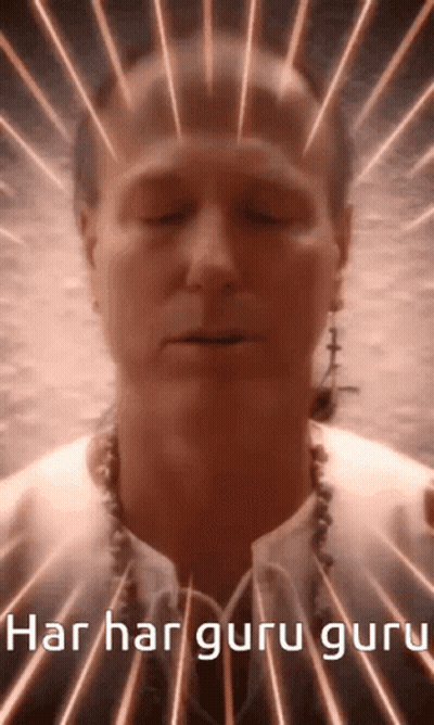 A Man With His Eyes Closed And The Words Har Har Guru Guru Written On The Bottom GIF