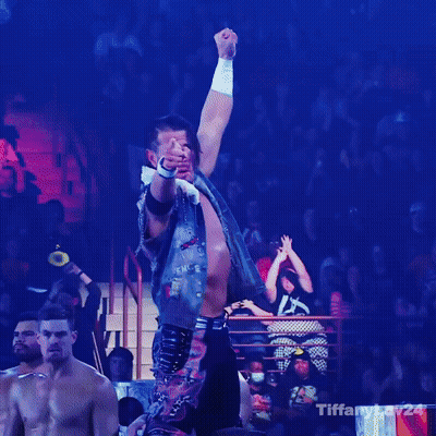 A Man With His Fist In The Air In Front Of A Crowd With Tiffany24 Written On The Bottom GIF