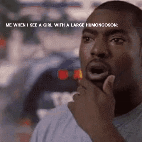 A Man With His Hand On His Chin Is Thinking About A Girl With A Large Humongoson GIF