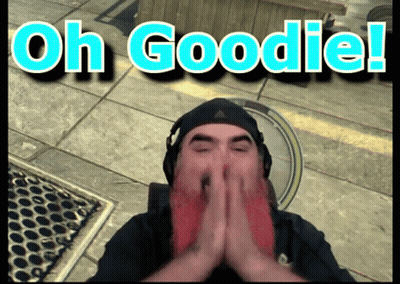 A Man With His Hands Folded In Front Of His Face With The Words Oh Goodie Written Above Him GIF