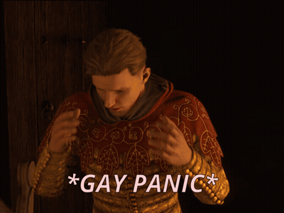 A Man With His Hands On His Head And The Word Gay Panic Above Him GIF