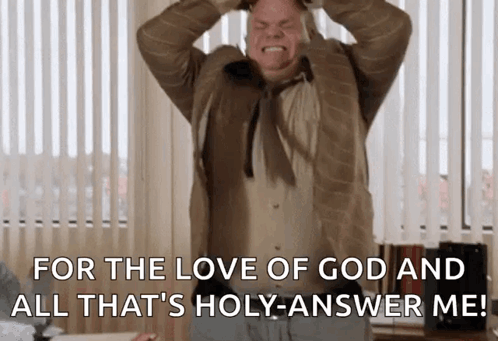 A Man With His Hands On His Head Is Saying For The Love Of God And All That 'S Holy Answer Me . GIF