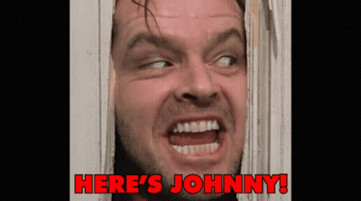 A Man With His Mouth Open And The Words Here 'S Johnny Written Below Him GIF