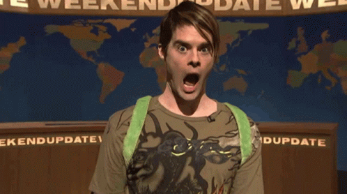 A Man With His Mouth Open Stands In Front Of A Sign That Says Weekend Update GIF