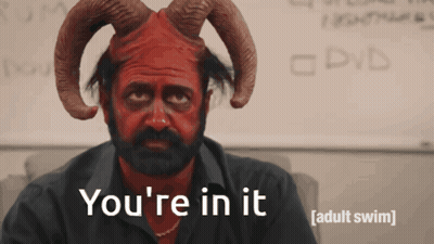 A Man With Horns And Red Paint On His Face Says " You 'Re In It " GIF