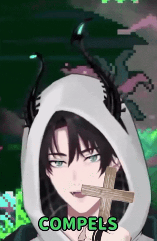 A Man With Horns Is Holding A Cross And The Word Compels Is On The Bottom Right GIF