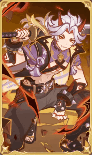 A Man With Horns Is Holding A Sword In His Hand . GIF