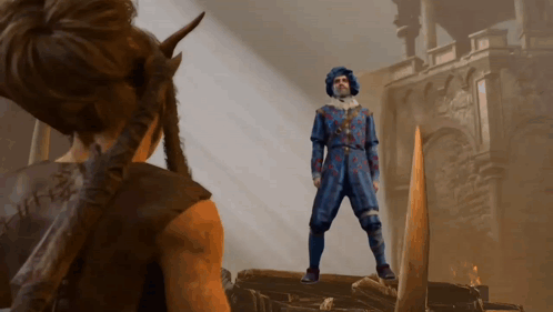 Horns Man Standing Before Blue Outfit Man GIF