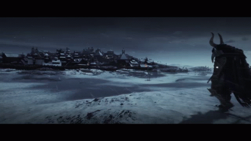 A Man With Horns Stands On A Snowy Hill In Front Of A Snowy Village GIF